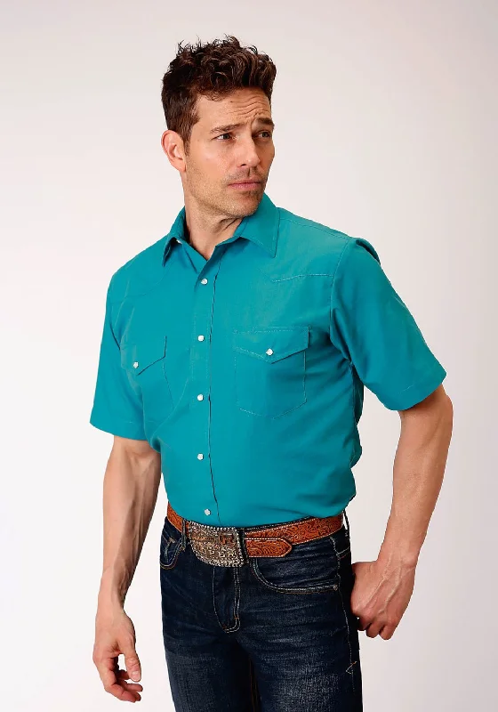 Plus Size Men's Plaid Flannel Casual Shirts in Earth Tones for a Cozy Fall OutfitRoper Mens Teal Cotton Blend 55/45 Solid S/S Shirt