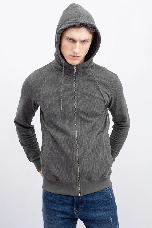 Grey Cotton Stretch Popcorn Knitted Hoodie Jacket