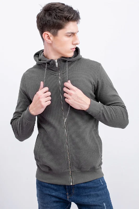 Grey Cotton Stretch Popcorn Knitted Hoodie Jacket