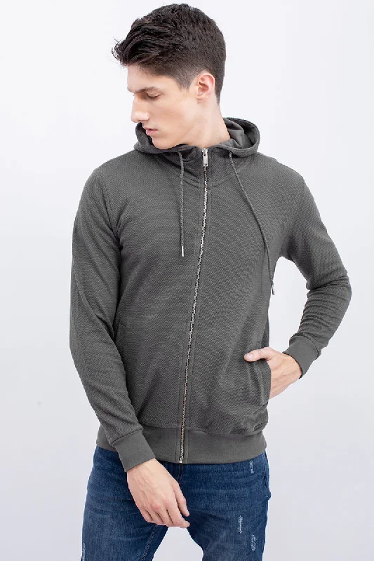 Grey Cotton Stretch Popcorn Knitted Hoodie Jacket