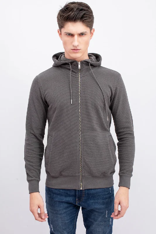 Grey Cotton Stretch Popcorn Knitted Hoodie Jacket