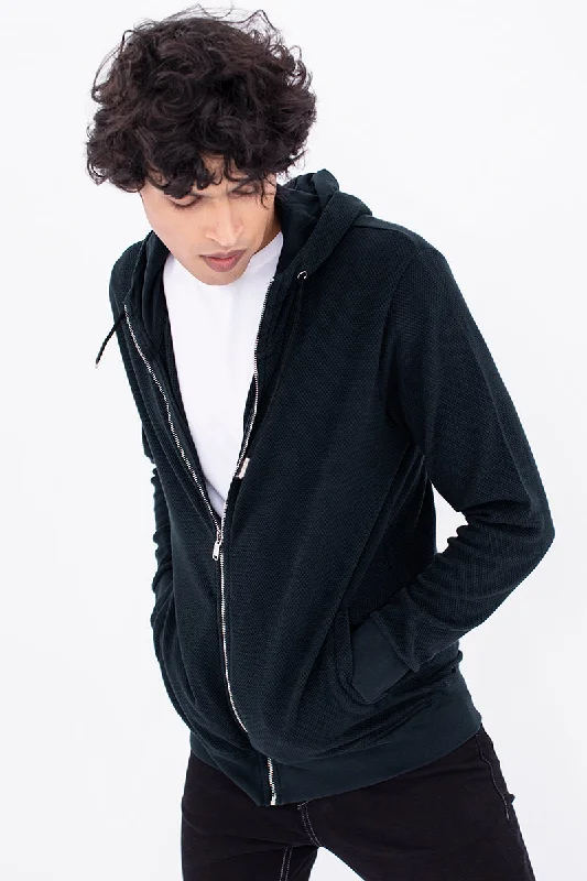 Navy Cotton Stretch Popcorn Knitted Hoodie Jacket