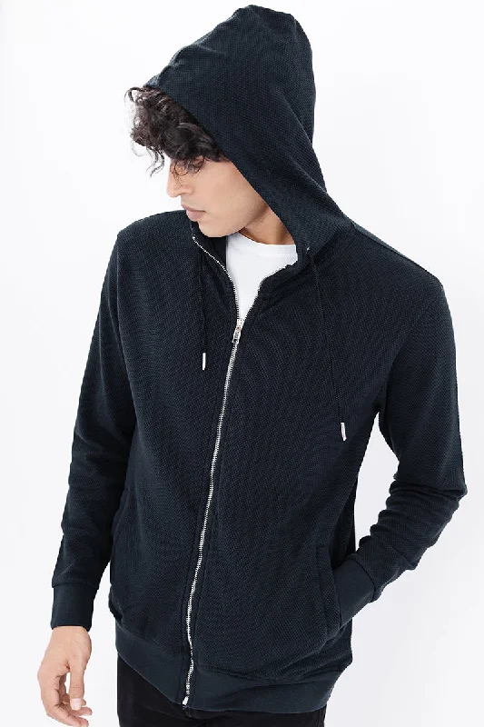 Navy Cotton Stretch Popcorn Knitted Hoodie Jacket