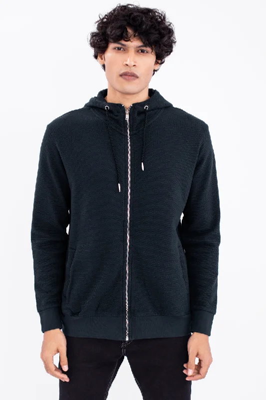 Navy Cotton Stretch Popcorn Knitted Hoodie Jacket