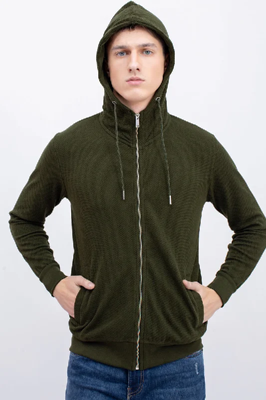 Olive Green Cotton Stretch Popcorn Knitted Hoodie Jacket