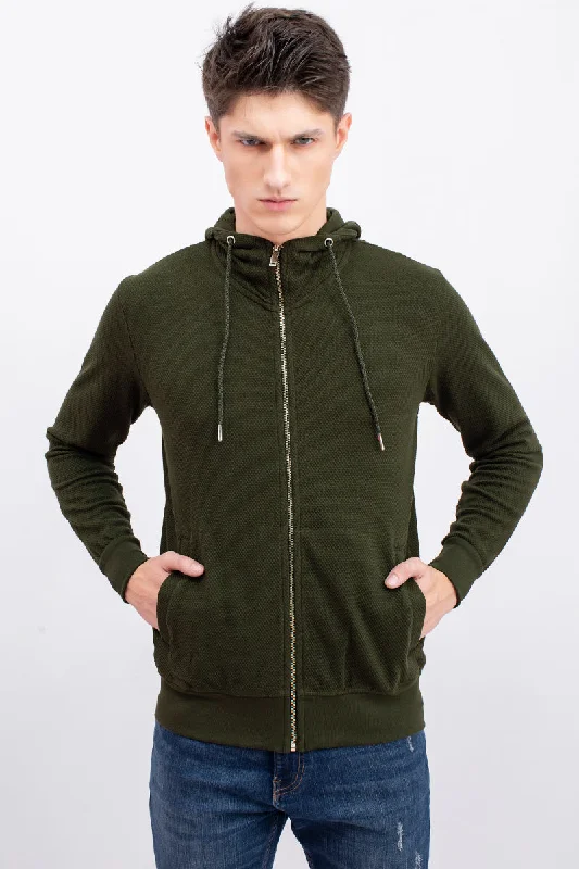 Olive Green Cotton Stretch Popcorn Knitted Hoodie Jacket