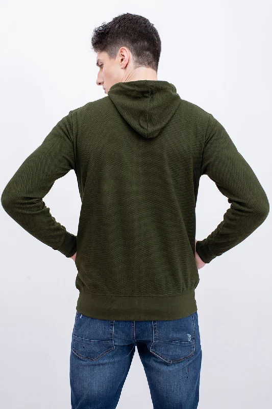 Olive Green Cotton Stretch Popcorn Knitted Hoodie Jacket