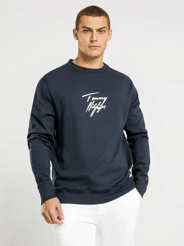 Signature Logo Stretch Organic Cotton Sweatshirt in Navy Blue