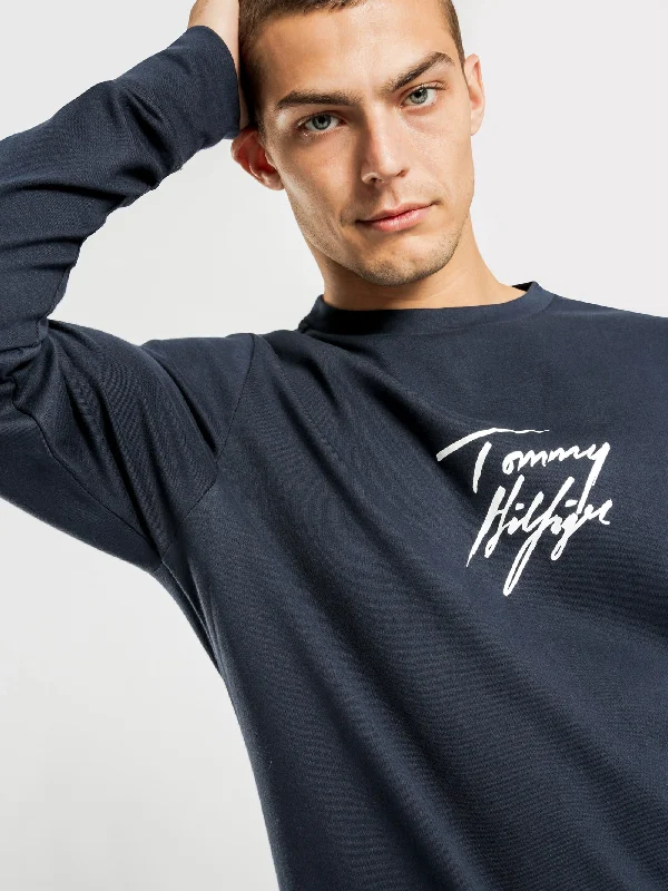 Signature Logo Stretch Organic Cotton Sweatshirt in Navy Blue