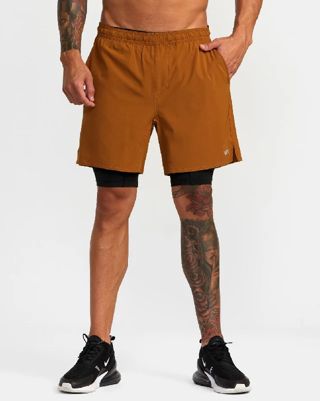 Men's moisture - wicking performance shorts for sweaty outdoor activities Yogger Train 2-In-1 17" Workout Shorts - Tobacco Men's moisture - wicking performance shorts for sweaty outdoor activities Yogger Train 2-In-1 17" Workout Shorts - Tobacco